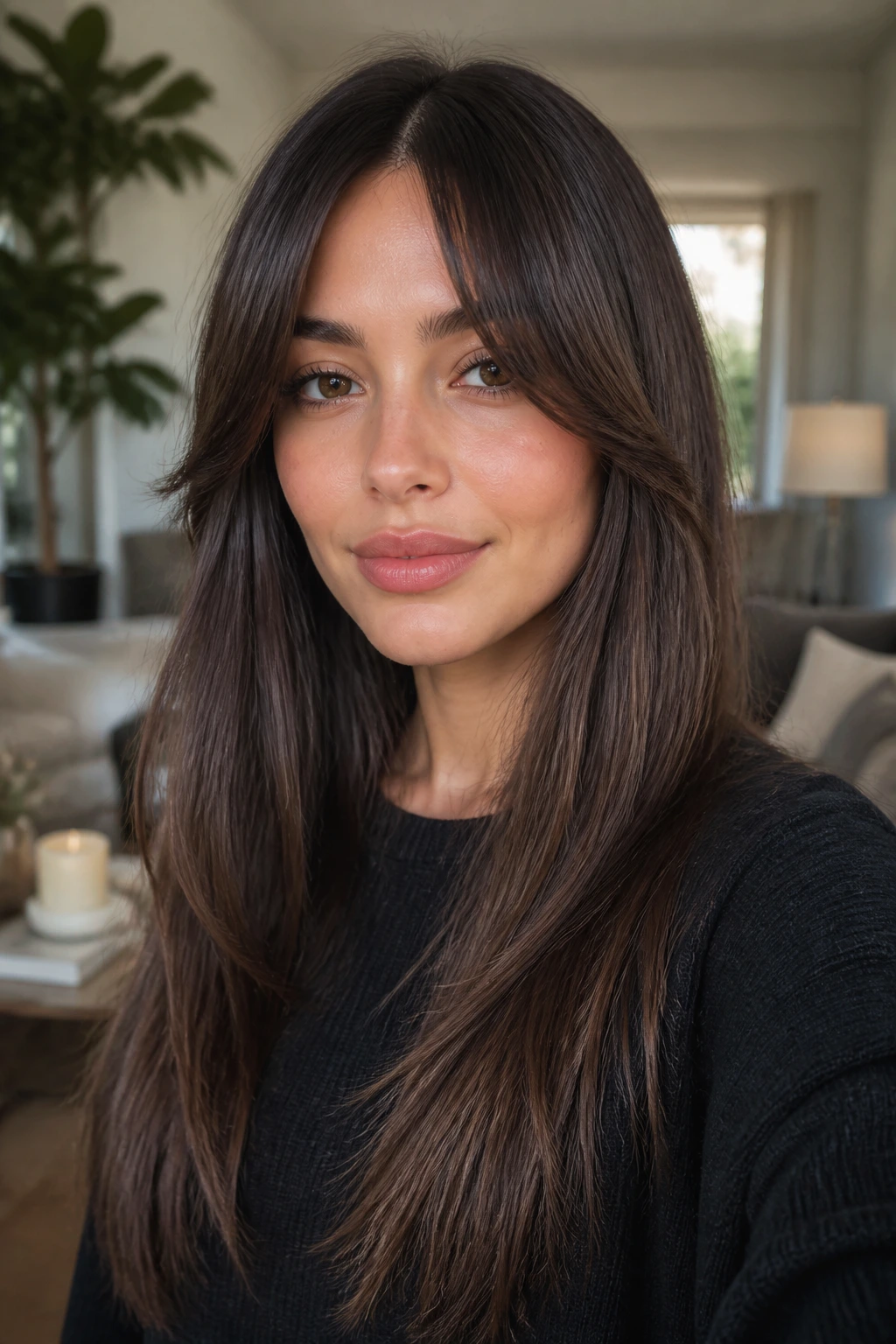 Real woman with curtain bangs and long length in thick straight hair