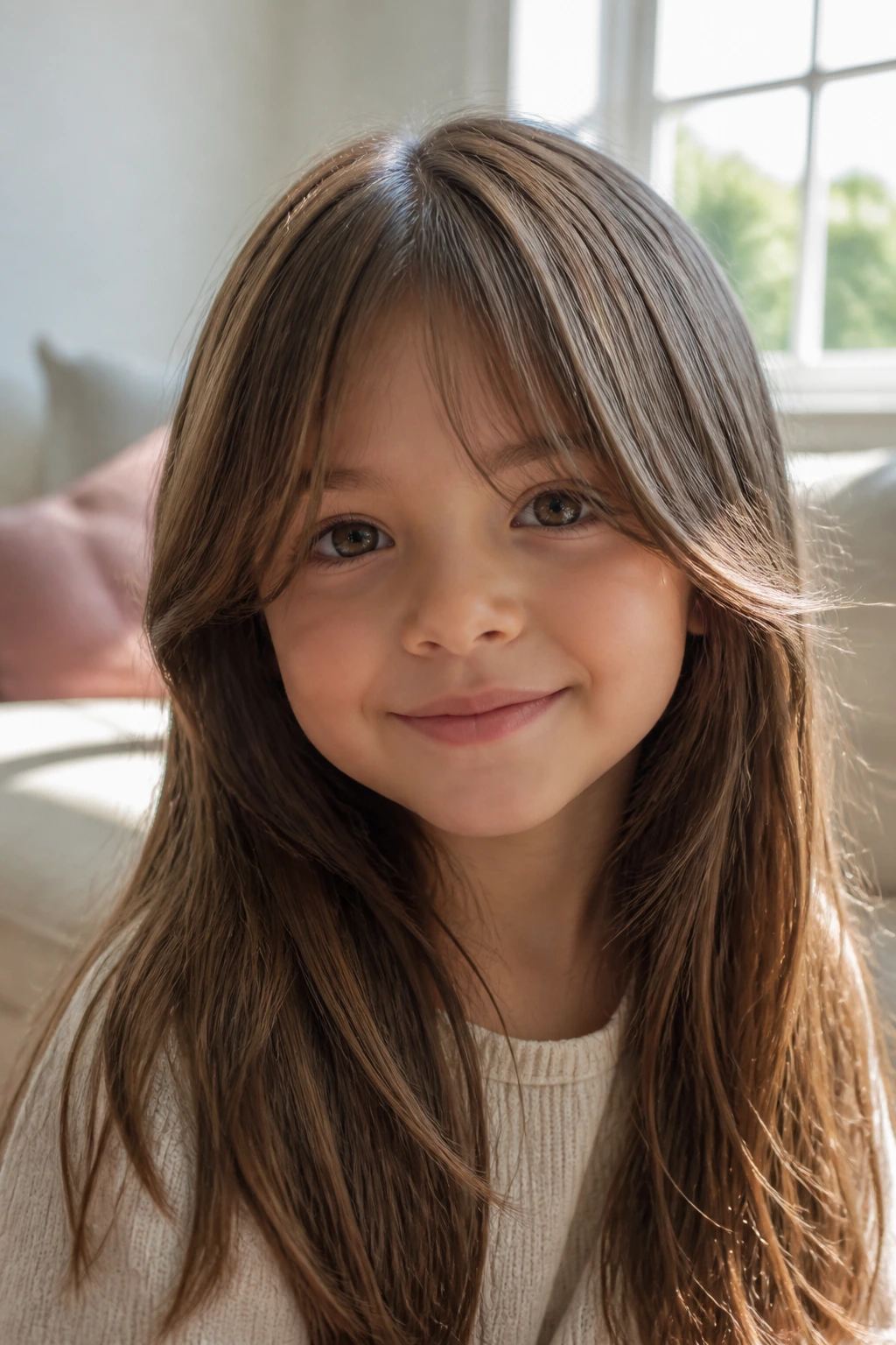 Girl with curtain bangs and long hair in a sunlit room