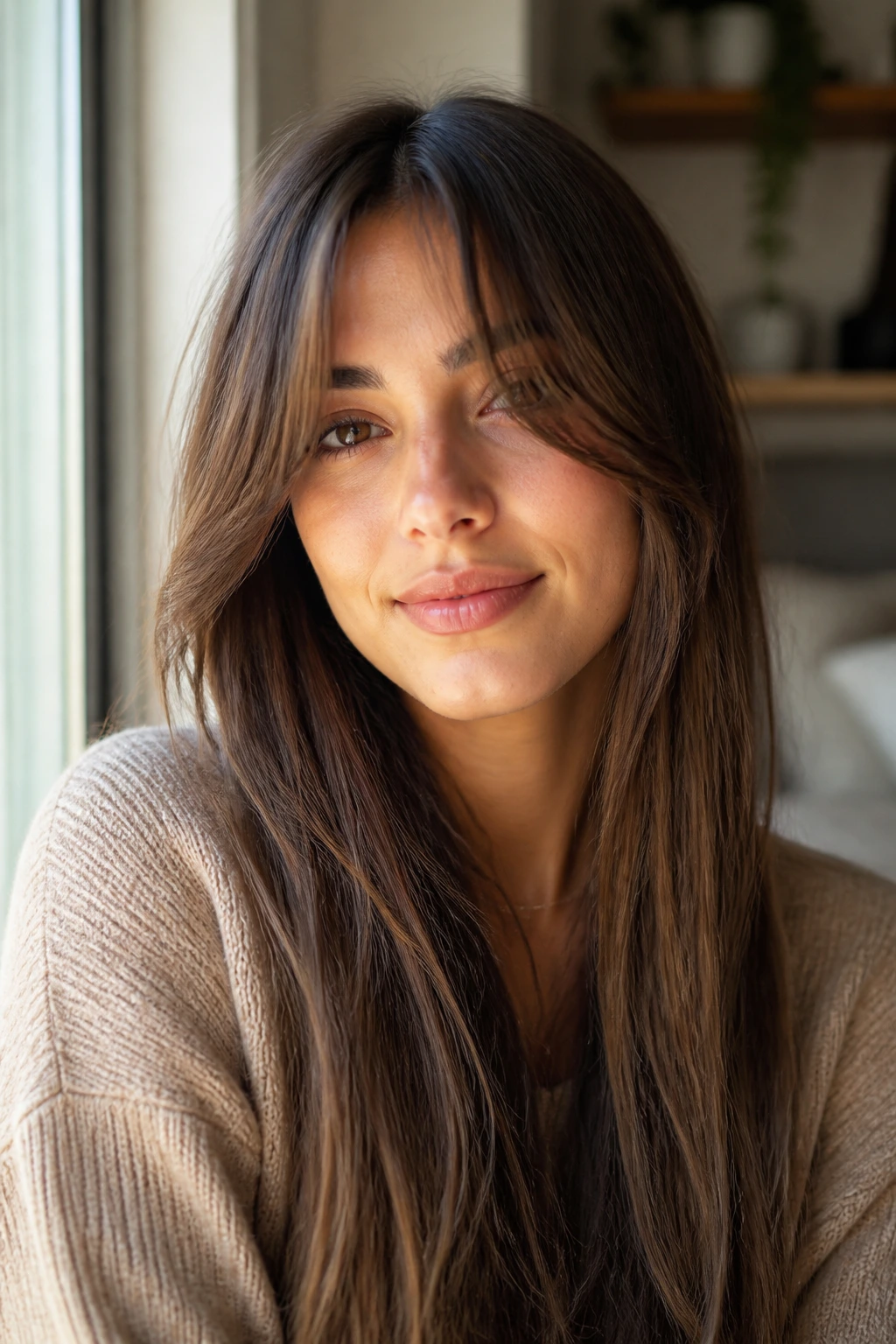 Close-up of a woman with curtain bangs and long straight hair