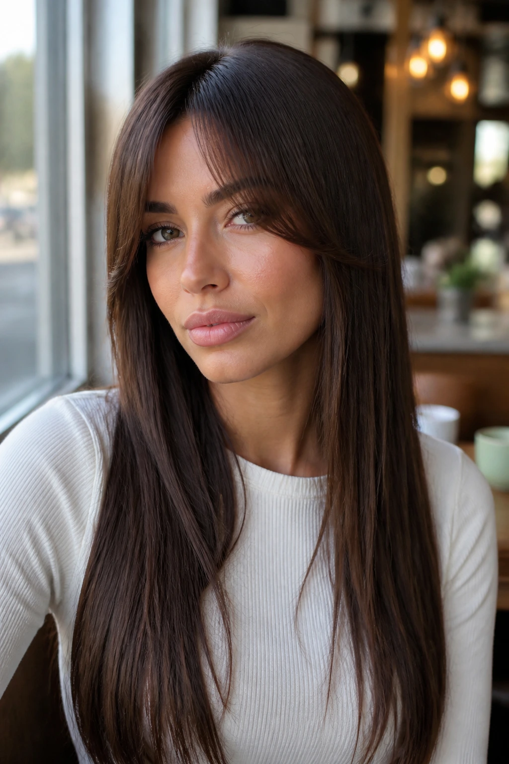 Woman with curtain bangs and long straight extensions