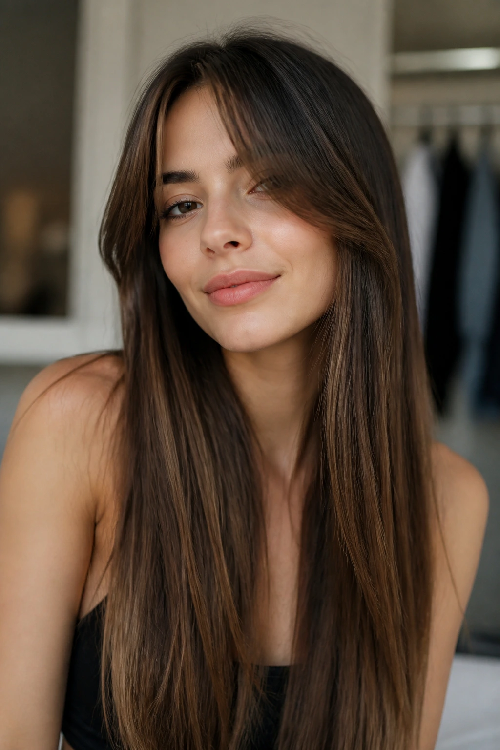 Portrait of a woman with long straight hair and curtain bangs