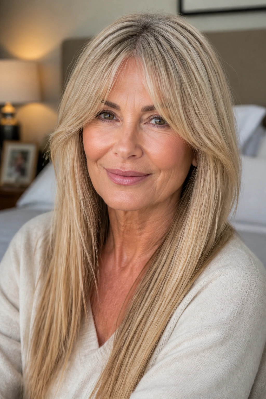 Close-up portrait of a real woman with soft curtain bangs and long straight hair