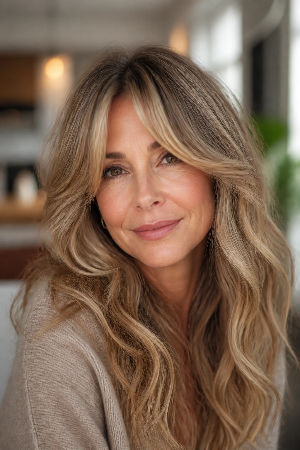Close-up of curtain bangs with long waves on a real woman