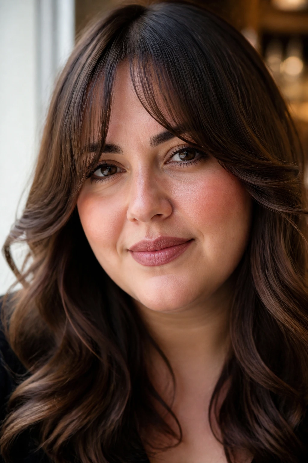 Portrait of a woman with curtain bangs and loose waves, balanced forehead and cheeks