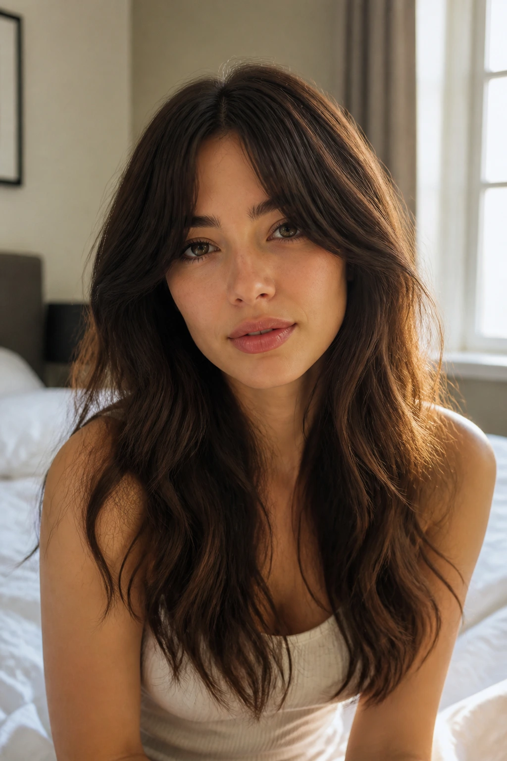 Portrait of a woman with curtain bangs and loose waves