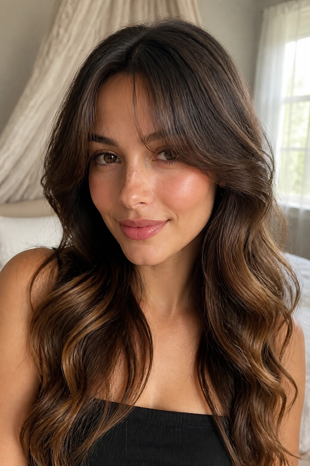 Portrait of a real woman with curtain bangs and loose waves