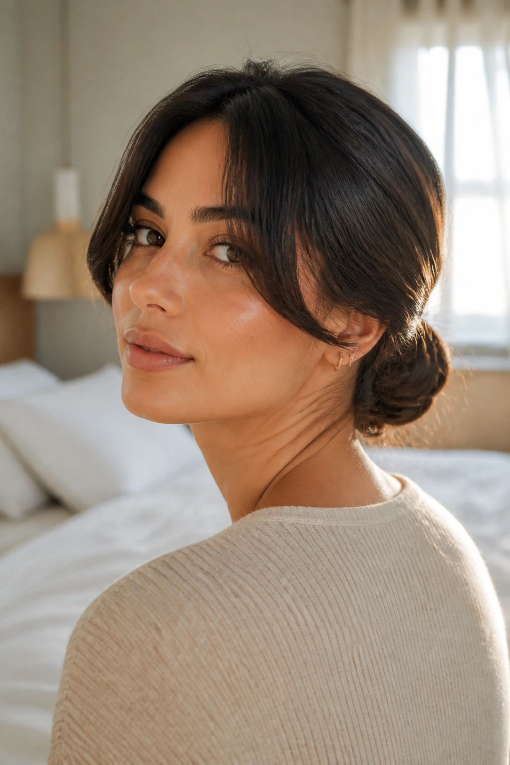 Portrait of a real woman with curtain bangs and a low nape bun