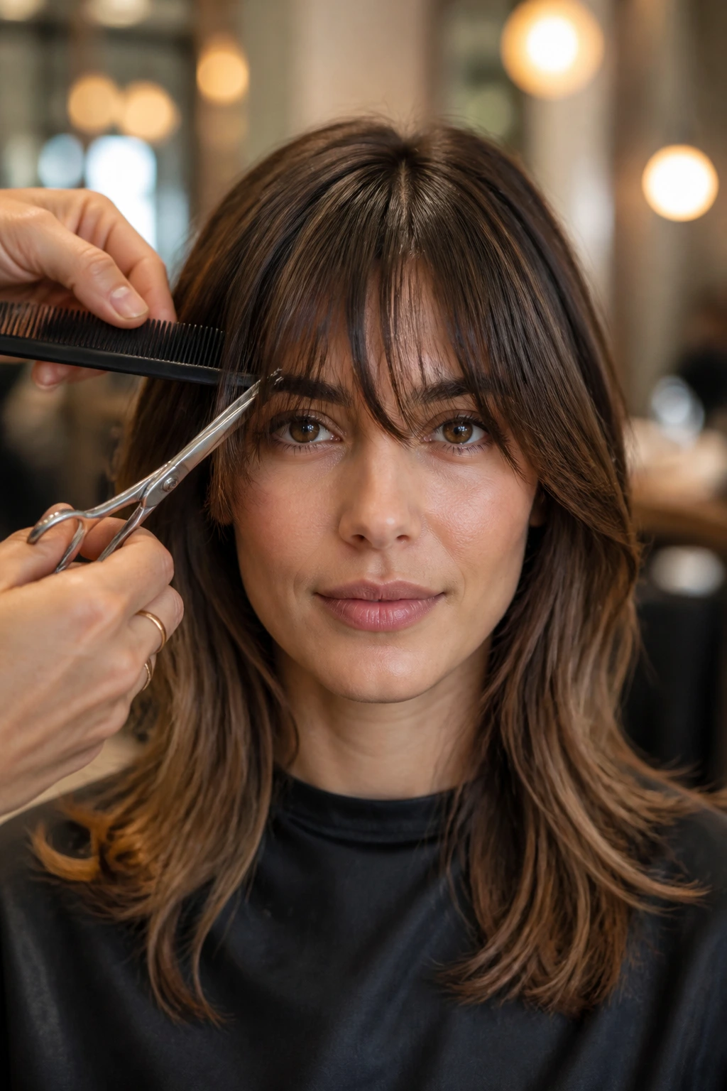 Close-up of a woman in a salon showing curtain bangs at maintenance trim stage.
