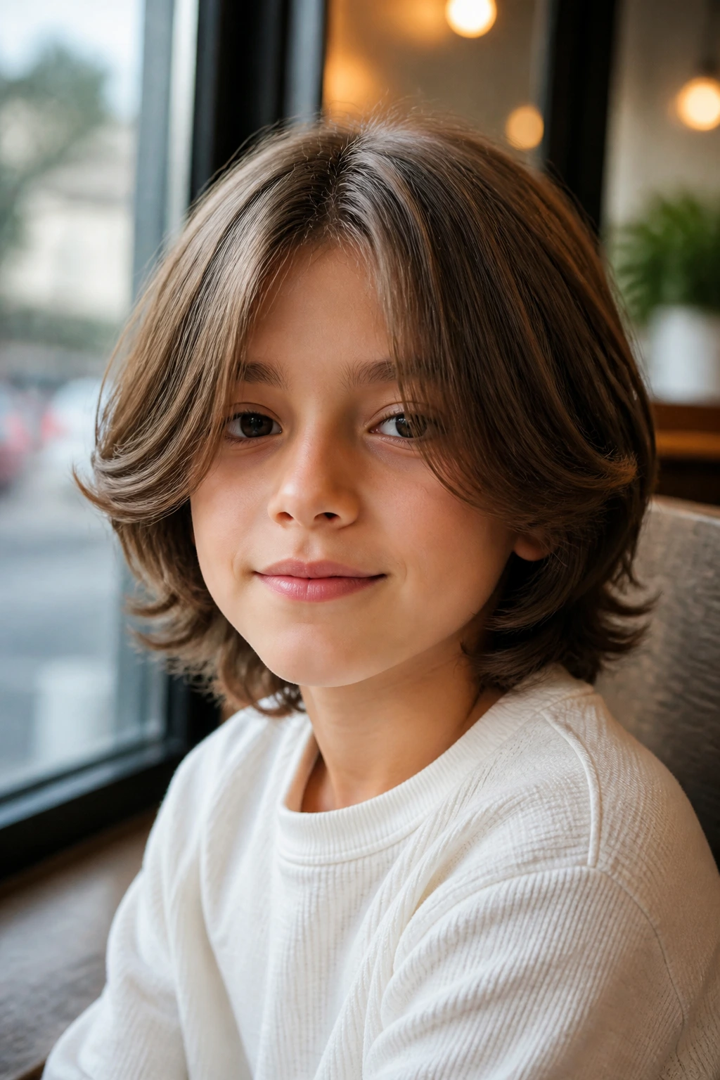 Child with curtain bangs on medium hair in a sunlit setting
