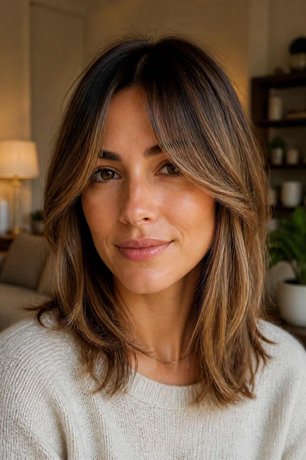 Close-up of curtain bangs on a real woman with medium-length hair