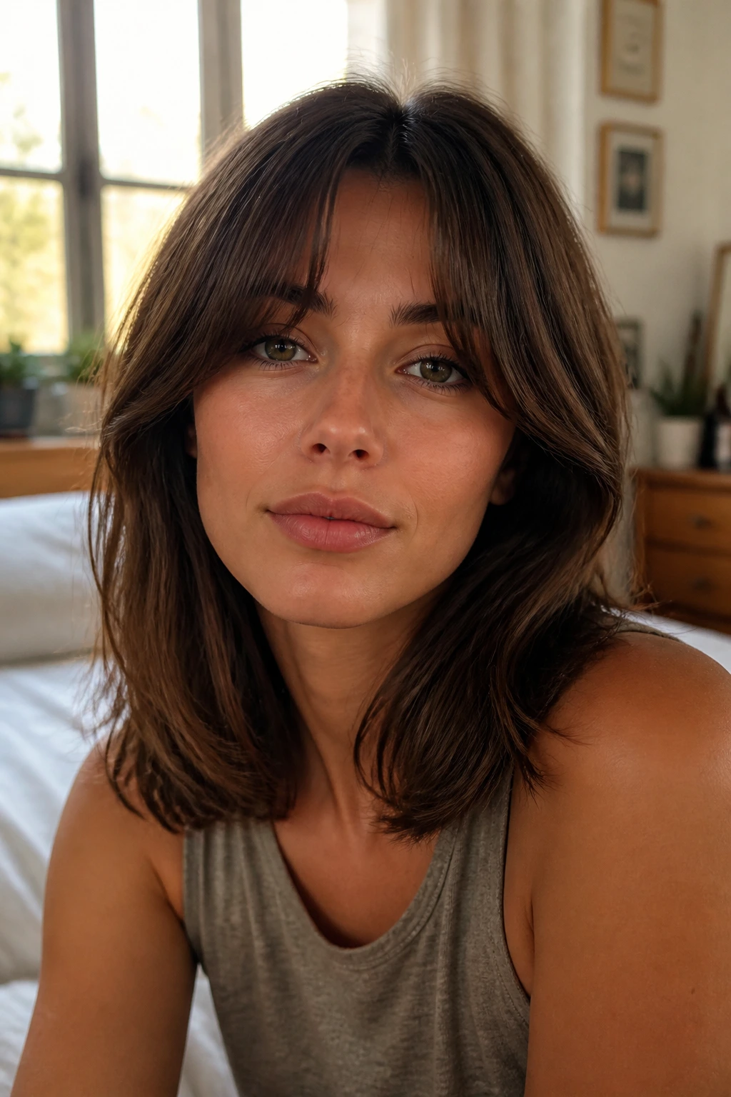 Close-up portrait of a real person with curtain bangs on medium-length hair in natural window light