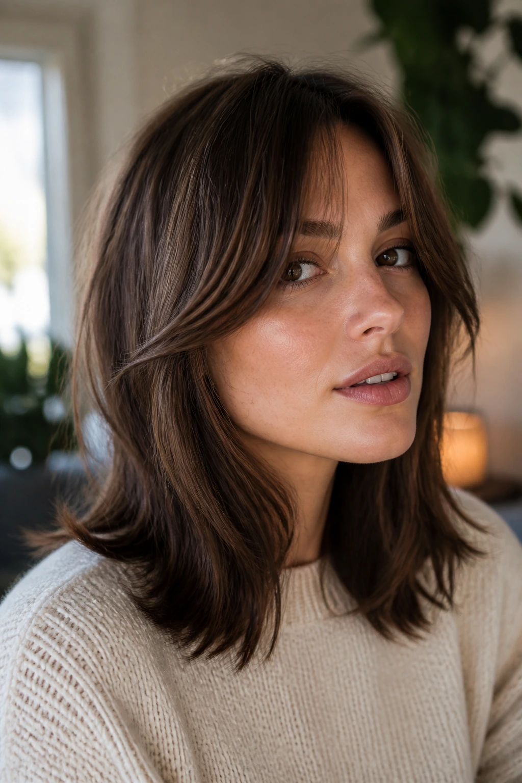 Real woman with curtain bangs on medium-length hair in warm window light