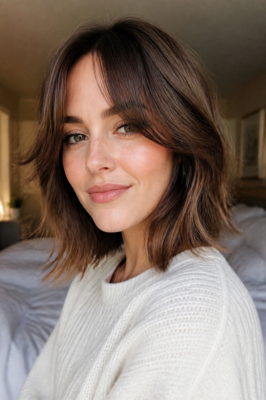 Close-up of a real woman with medium-length hair and curtain bangs blending with the sides