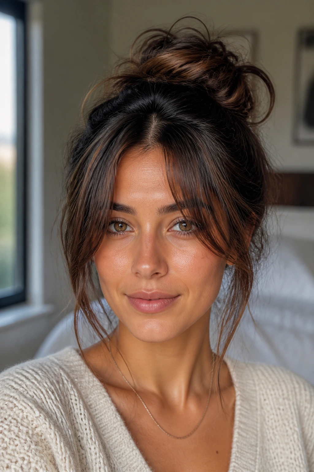 Portrait of a woman with curtain bangs and a messy bun