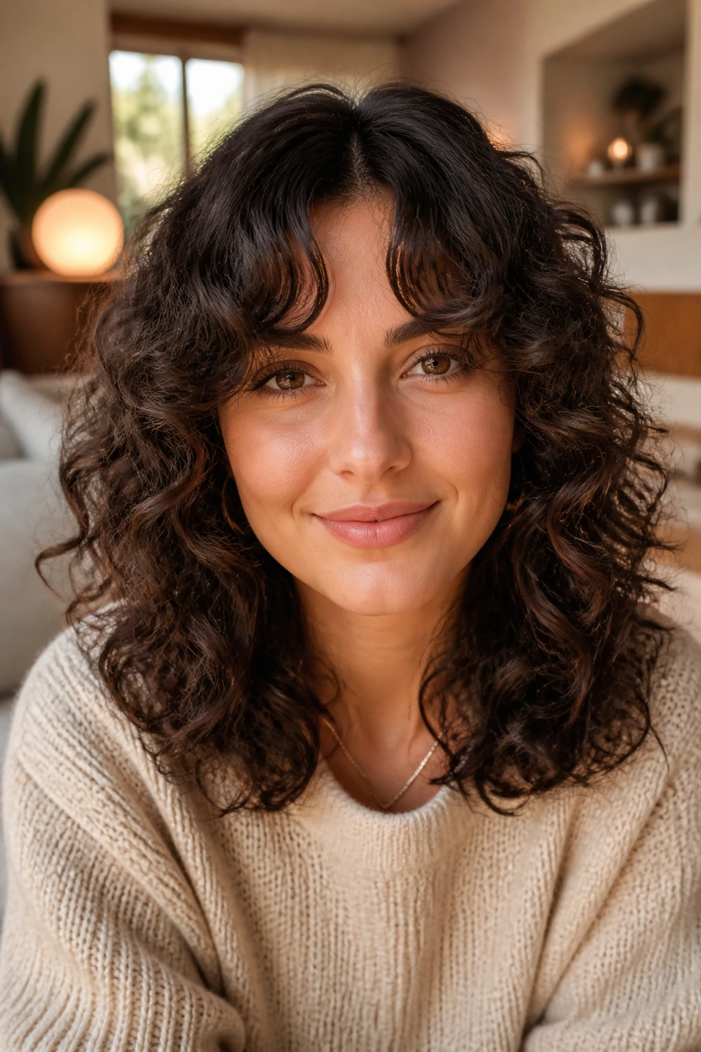 Center-part curtain bangs on mid-length curly hair portrait