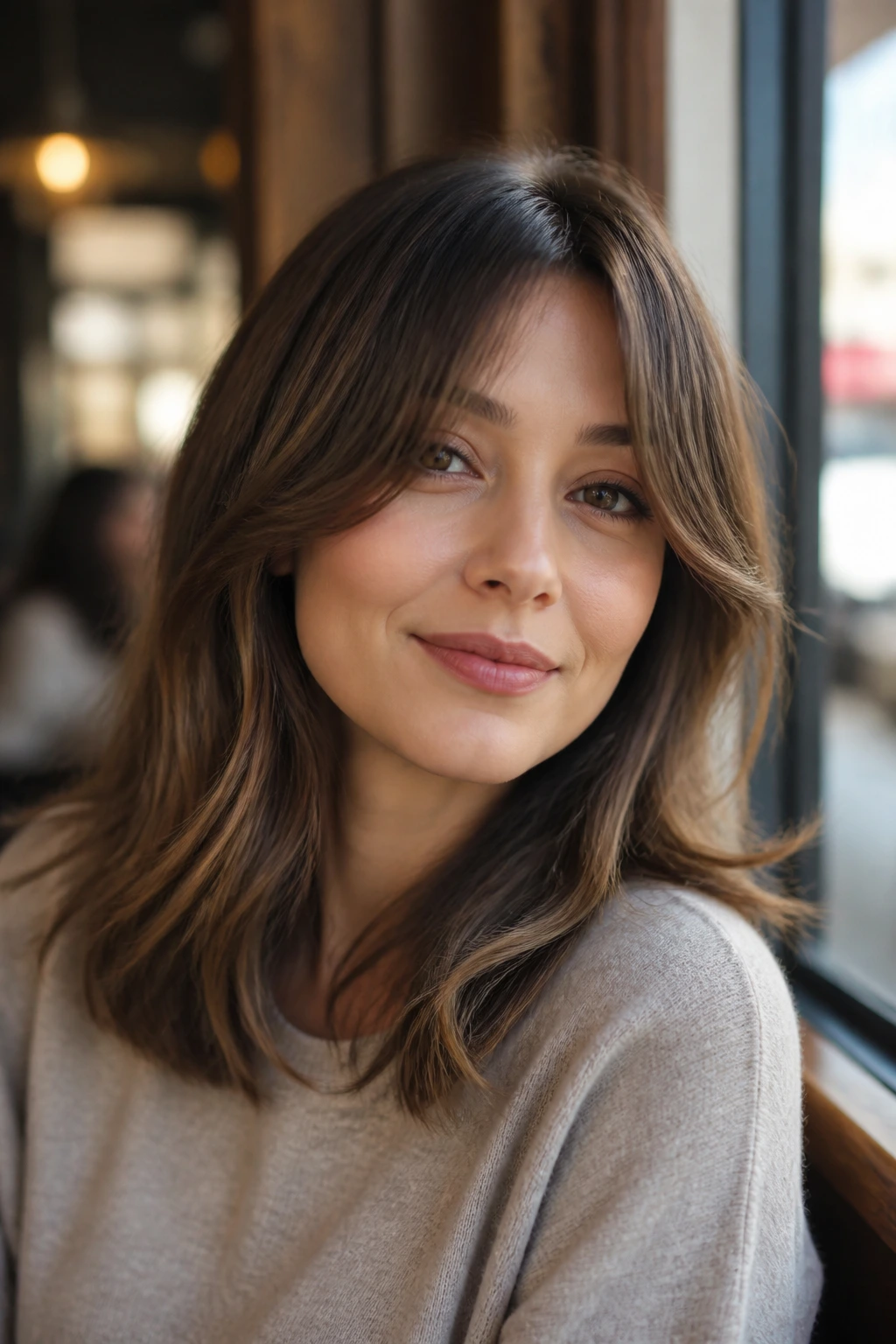 Portrait of a real woman with curtain bangs and mid-length layers framing her face