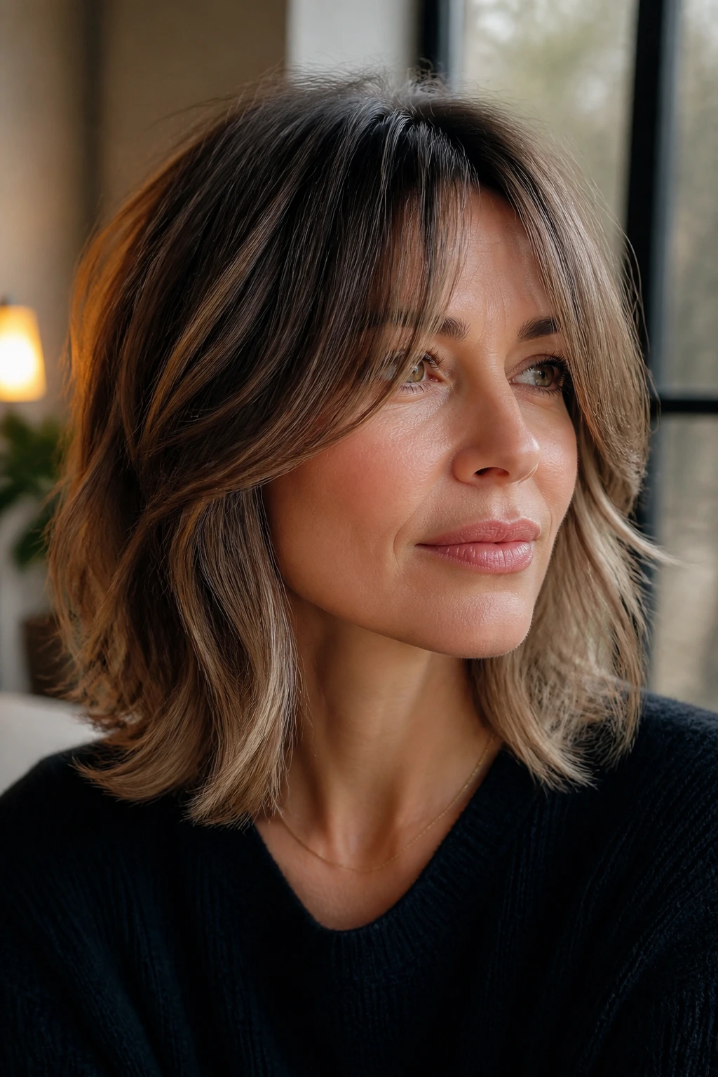Portrait of a woman with curtain bangs and midi length hair