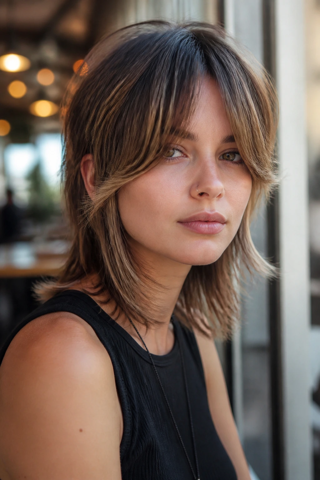 Close-up portrait of a real woman with curtain bangs and cheekbone-skimming ends in a mullet shag