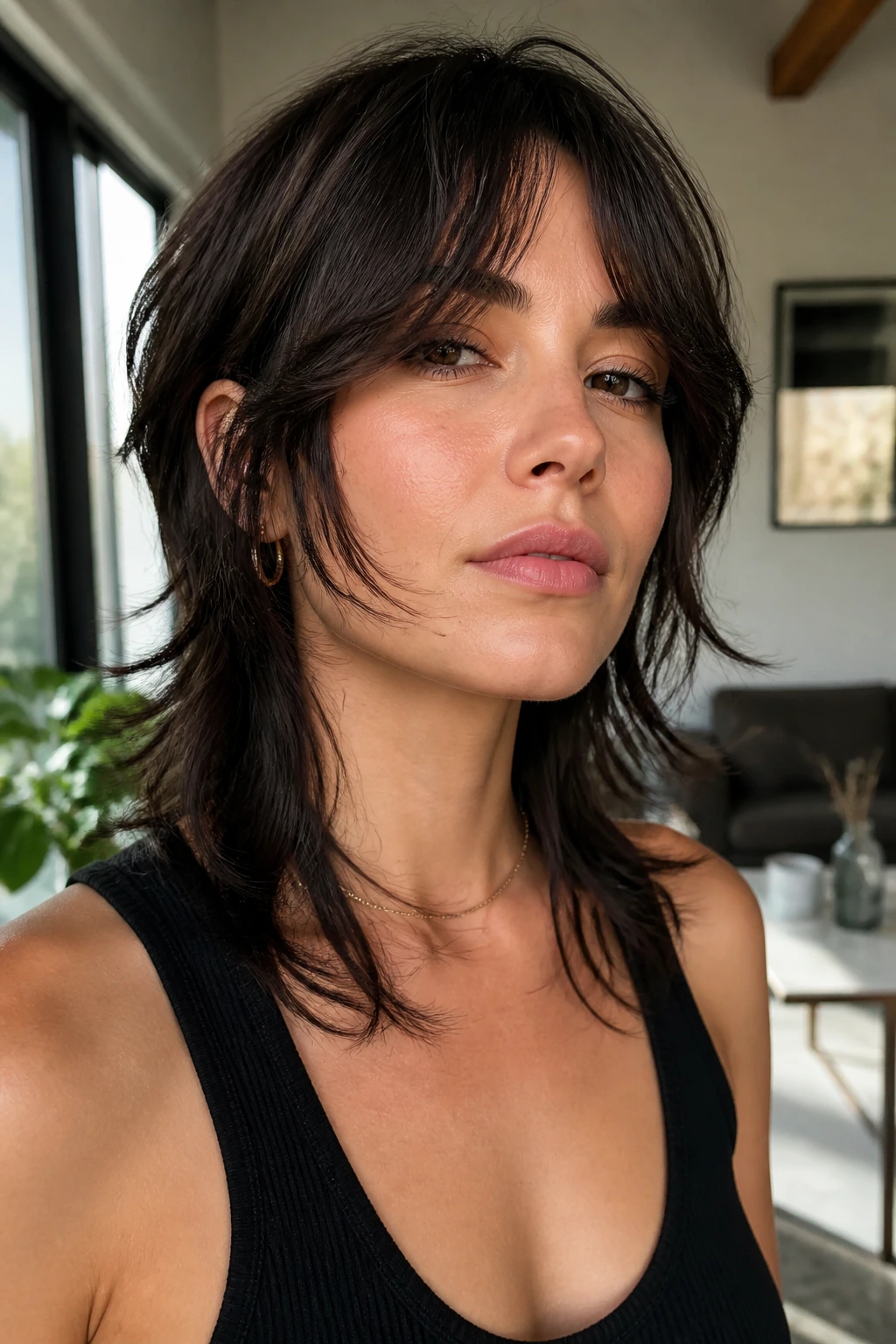 Close-up portrait of a real woman with curtain bangs and shag mullet under soft window light