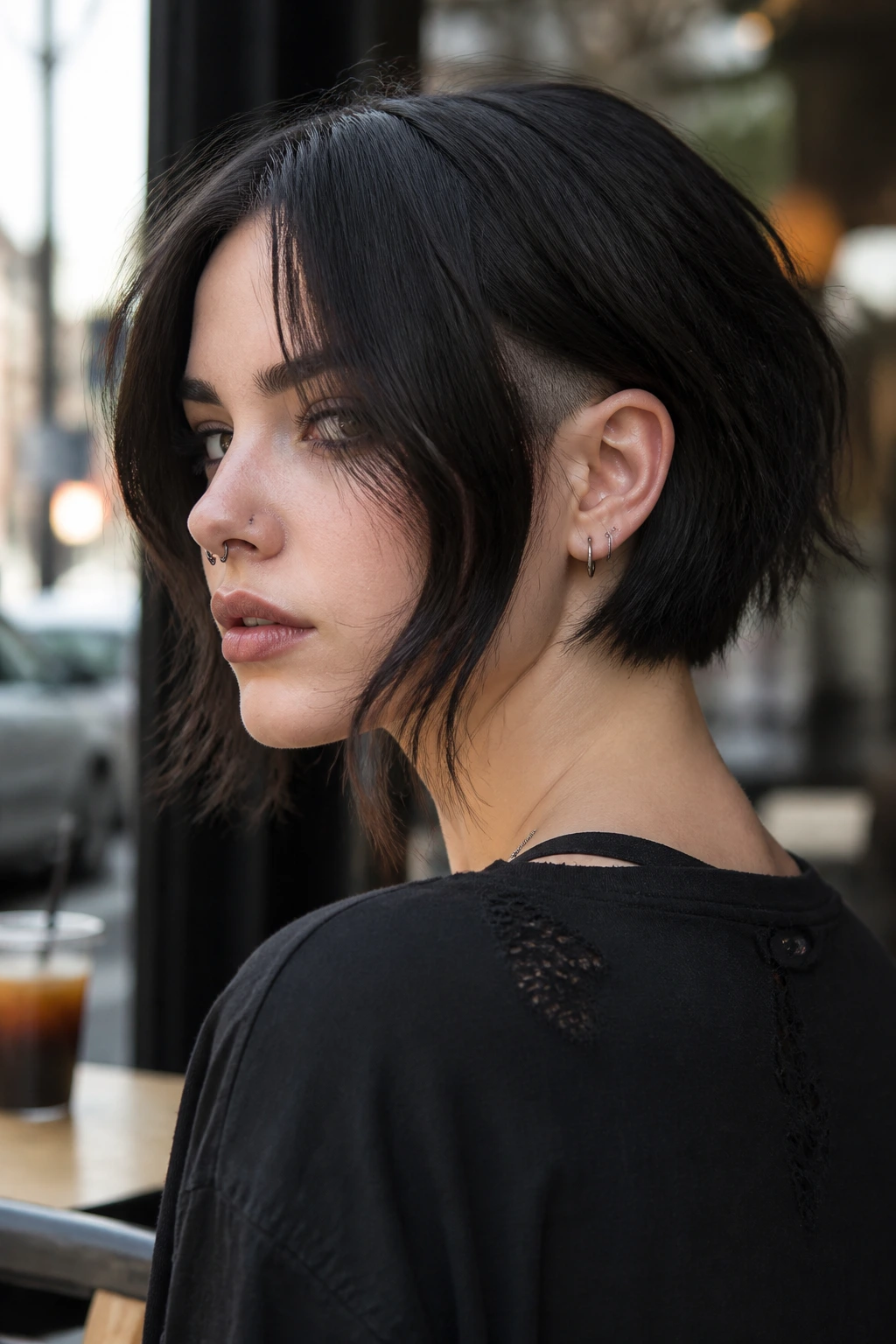 Close-up portrait of a real person with curtain bangs and a nape shave on a shoulder-length lob