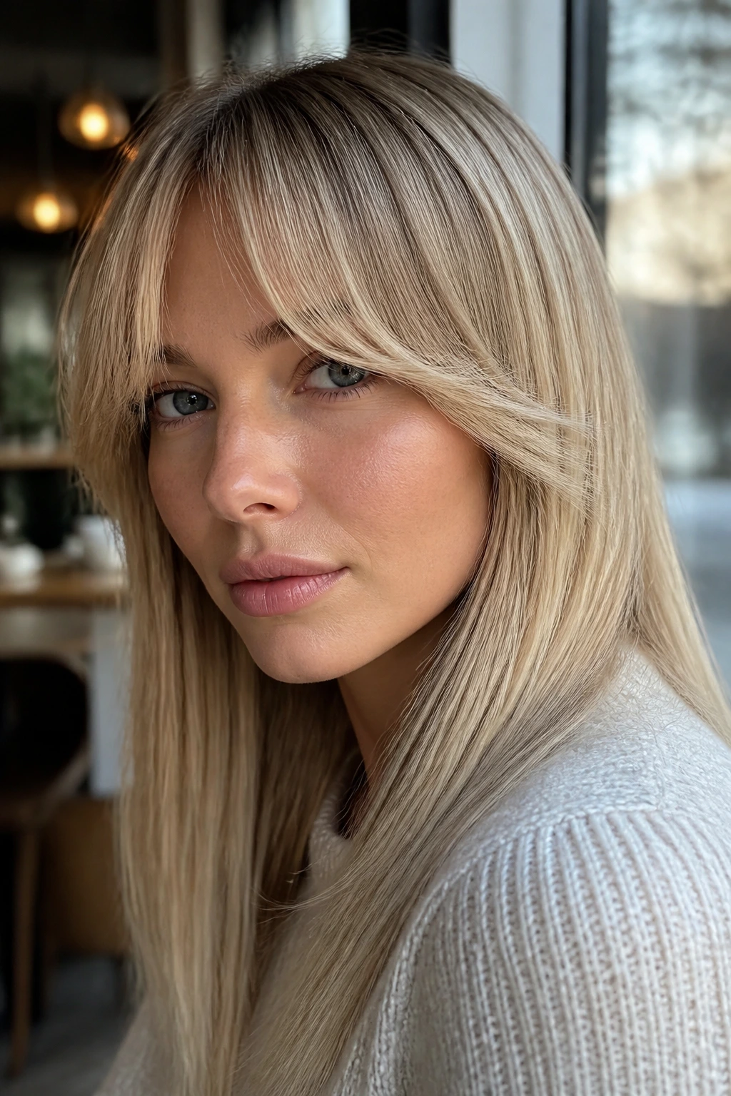 Close-up of real woman with curtain bangs and neutral blonde shade