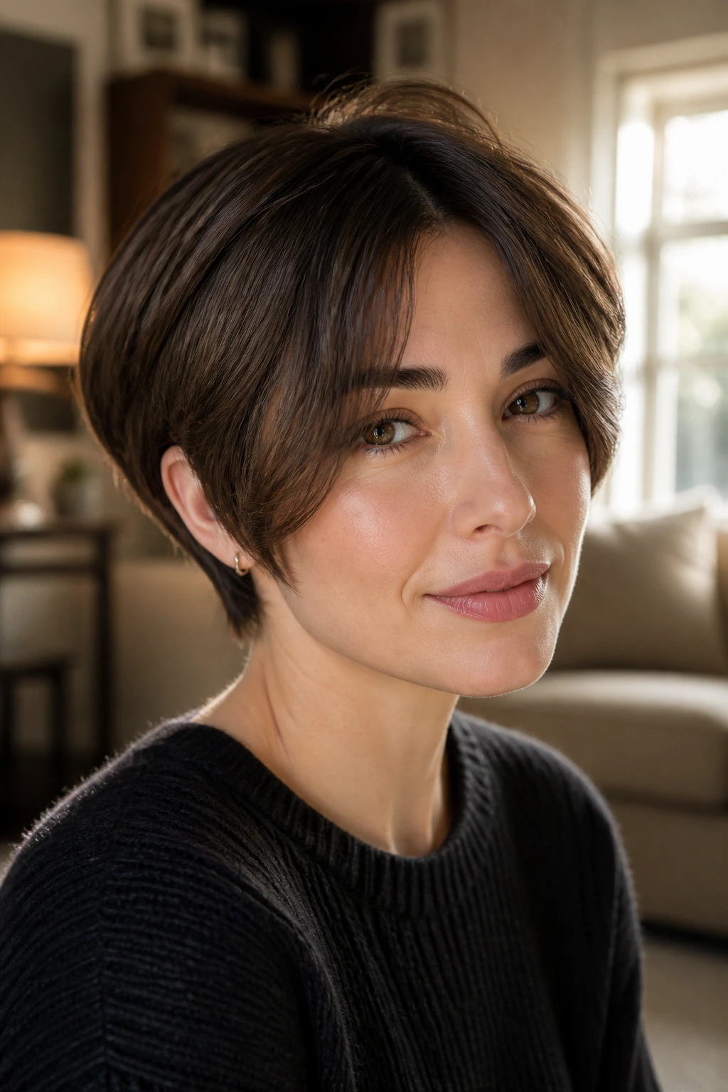 Close-up of a real woman with curtain bangs framing cheeks on a pixie bob.