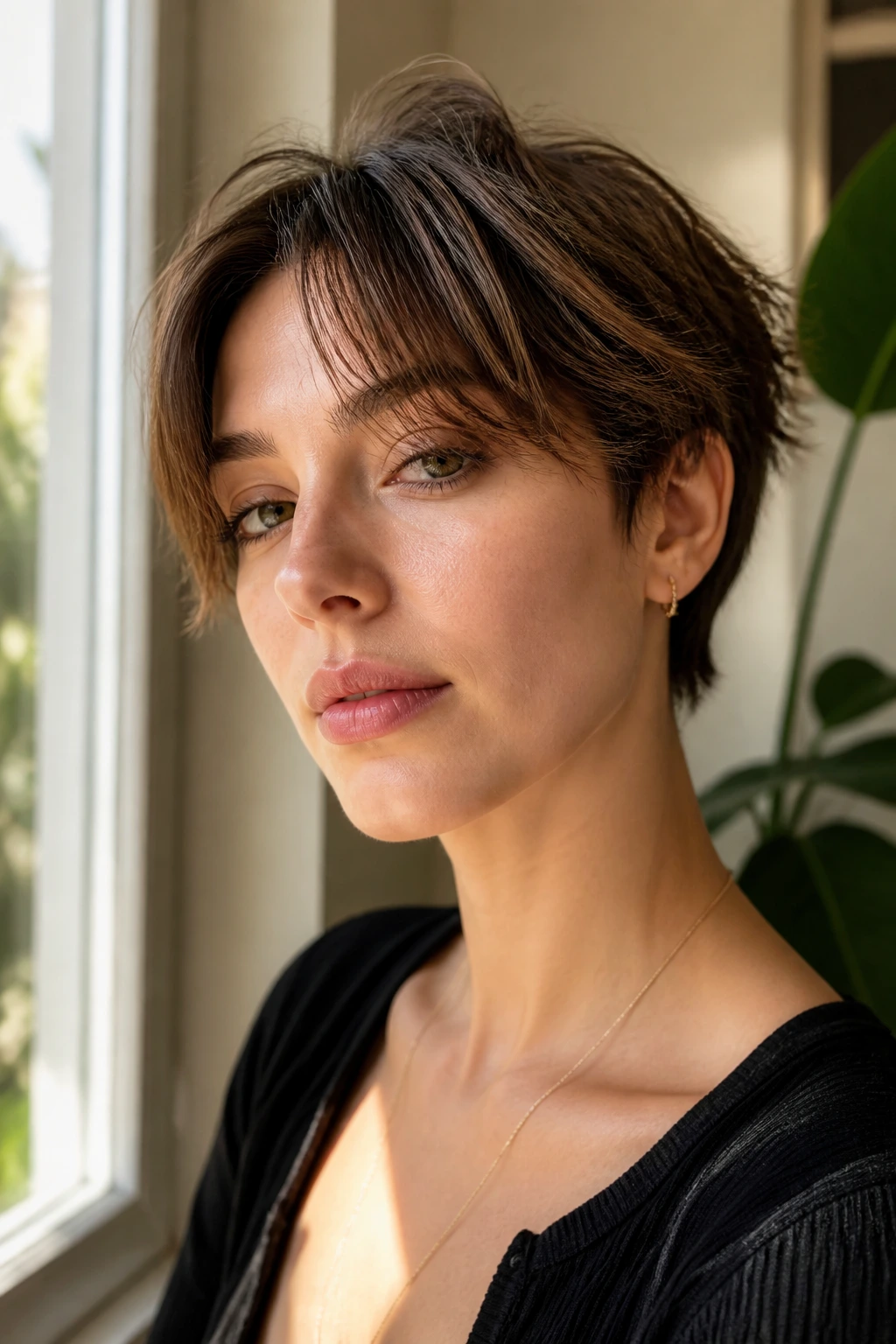 Close-up of a real person with curtain-bang pixie, bangs parted softly to frame the face.
