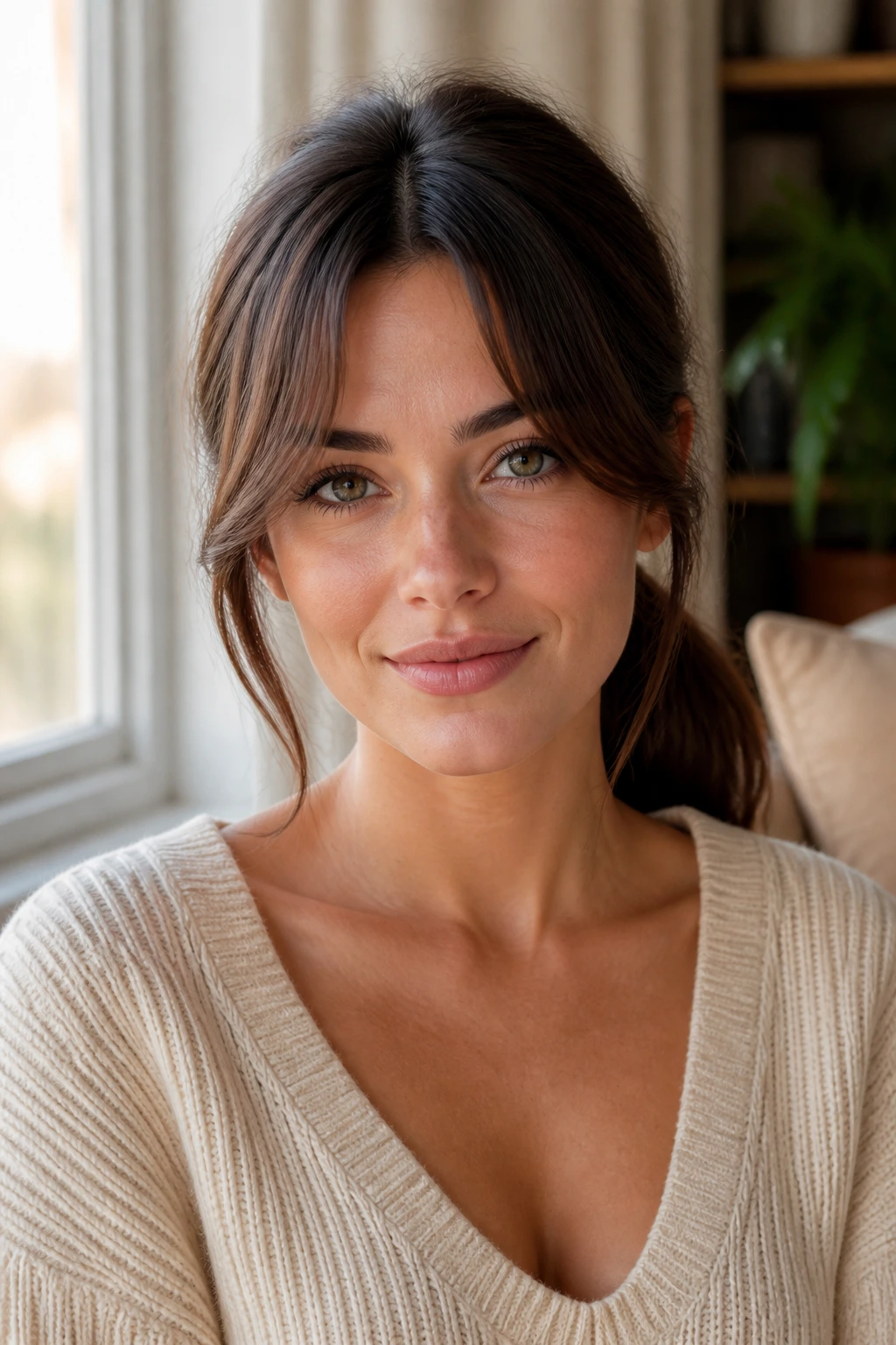 Portrait of a real woman with curtain bangs and a low ponytail