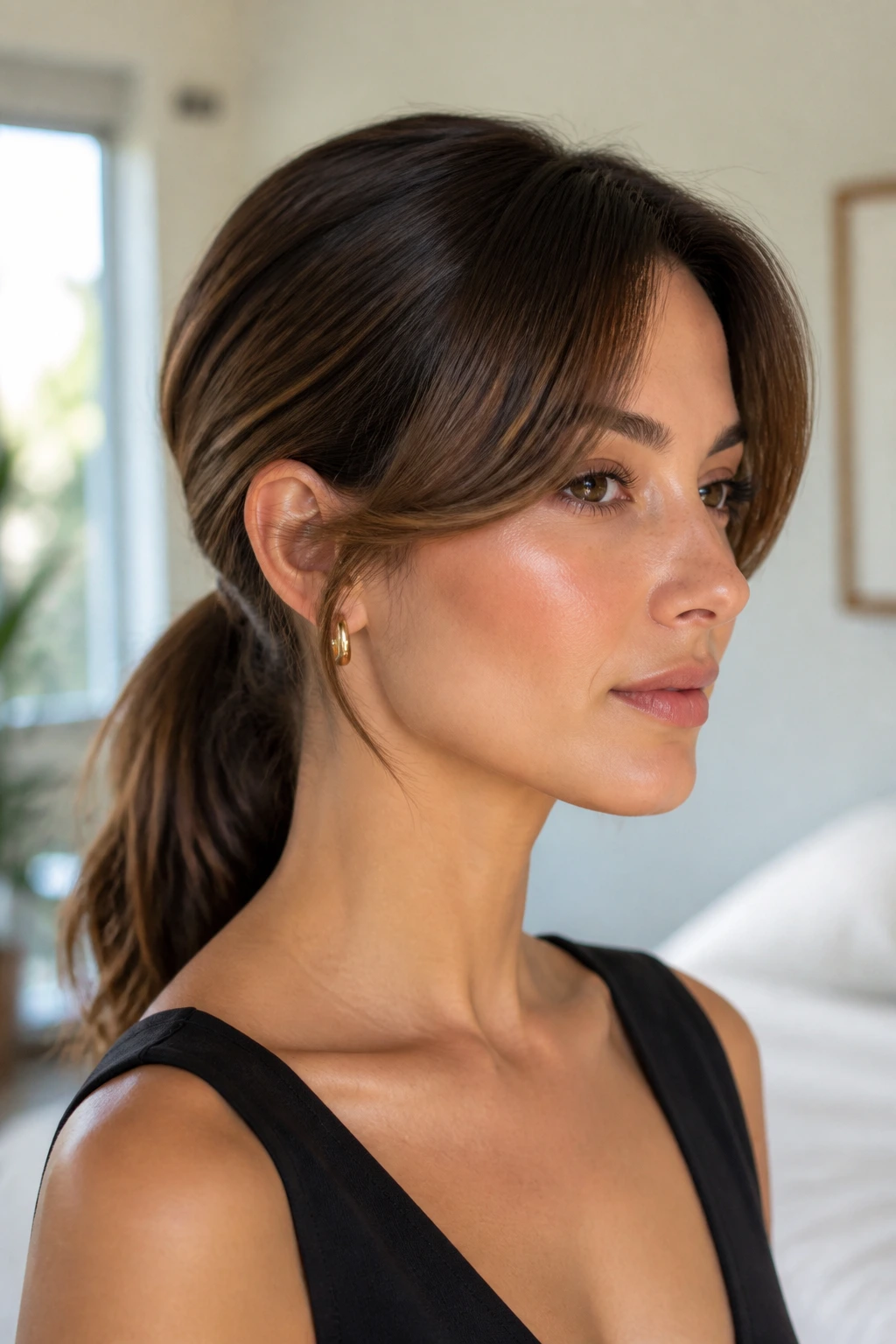 Close-up of curtain bangs with a low ponytail on a real woman