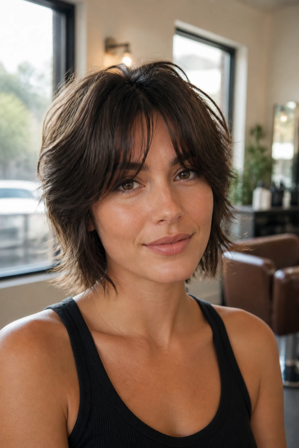 Portrait of a real woman with short shag and curtain bangs, soft lighting