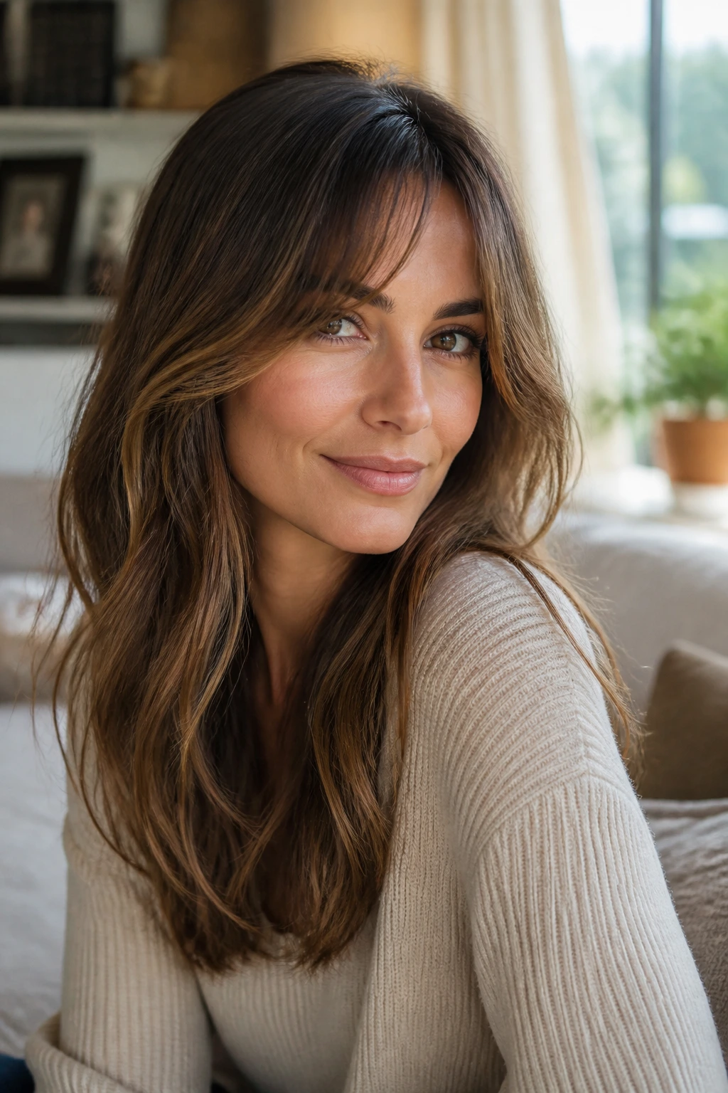 Portrait of a real woman with curtain bangs framing her cheeks in warm natural light
