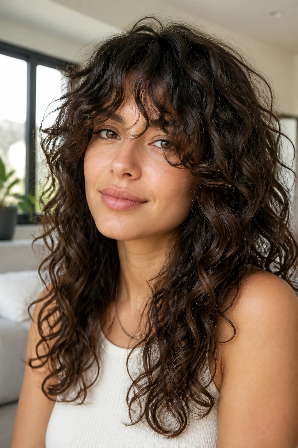 Close-up of a real person with curtain bangs cascading beside the cheeks