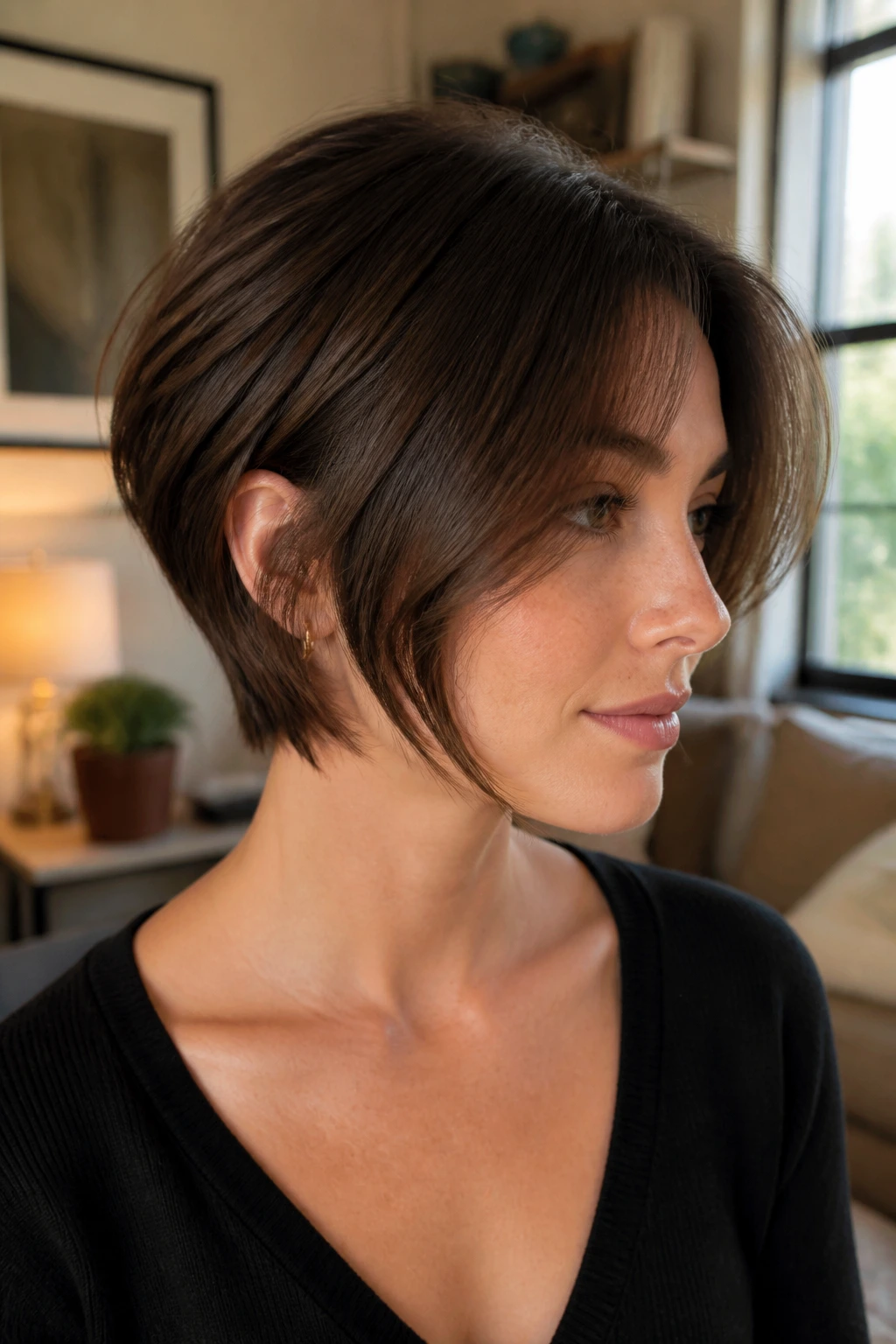 Portrait of a woman with curtain bangs and short cut