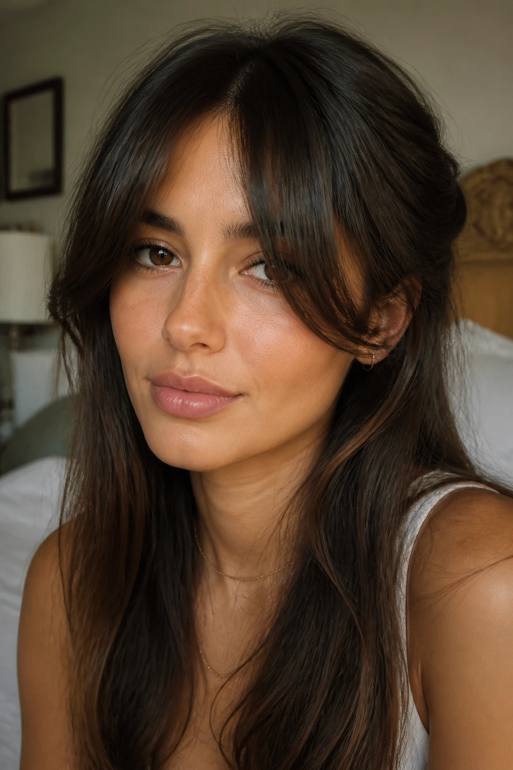 Woman with curtain bangs split at the cheekbones in soft natural light