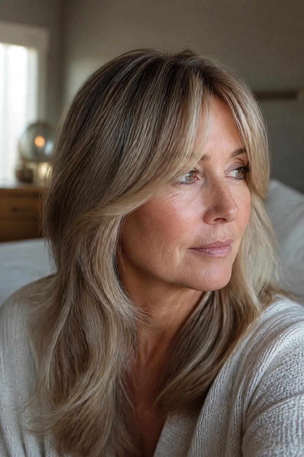 Close-up of a real woman with cheekbone-length curtain bangs under the brows in daylight