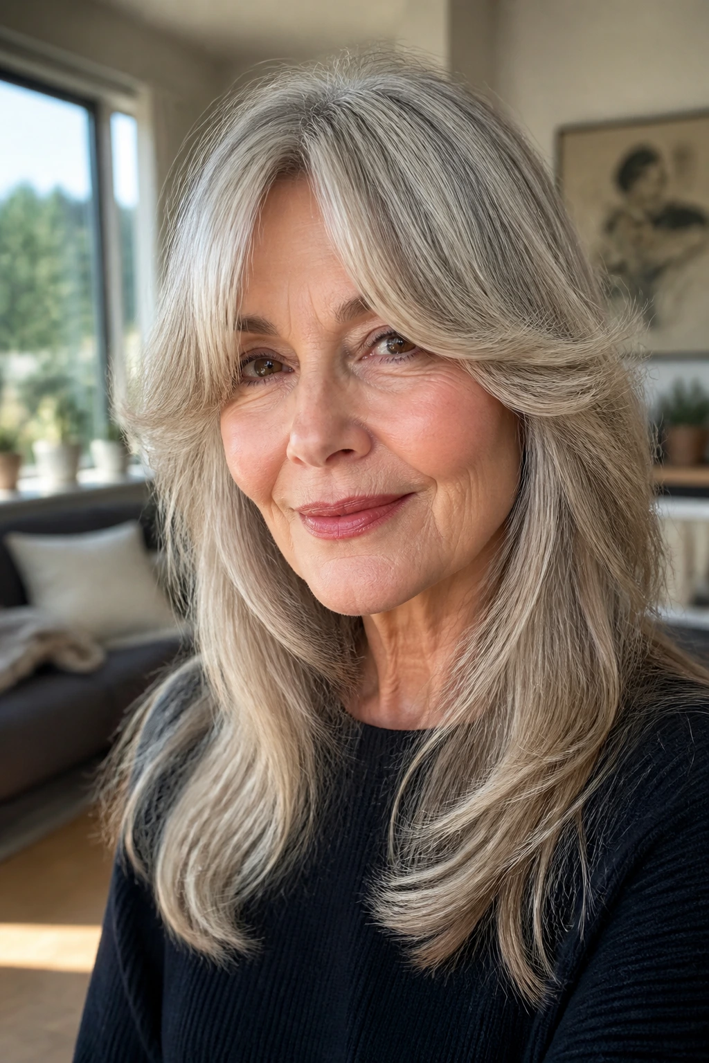 Close-up of a woman with curtain bangs and cheekbone-length layers in natural window light.