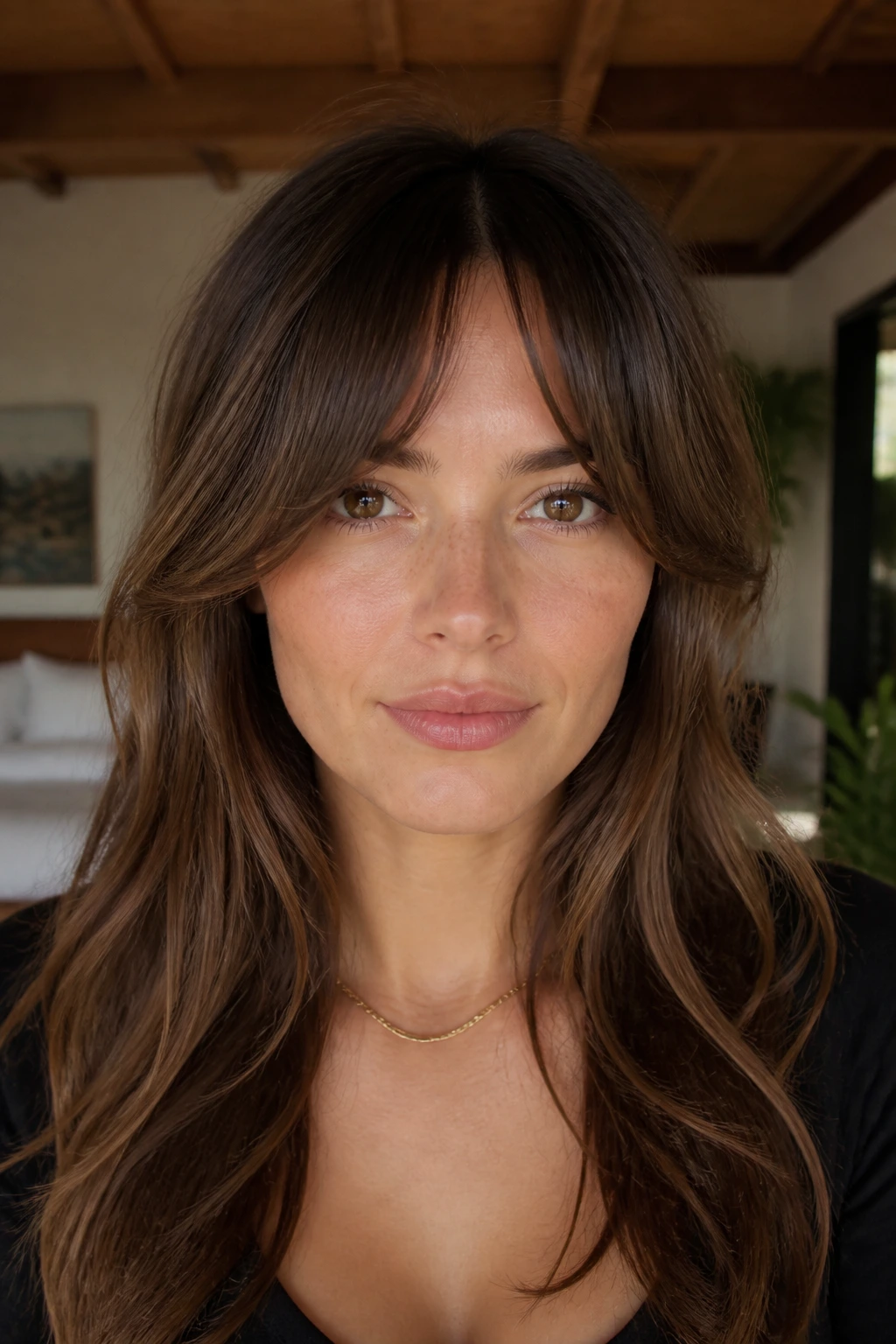 Portrait of curtain bangs split at the brow on a real person