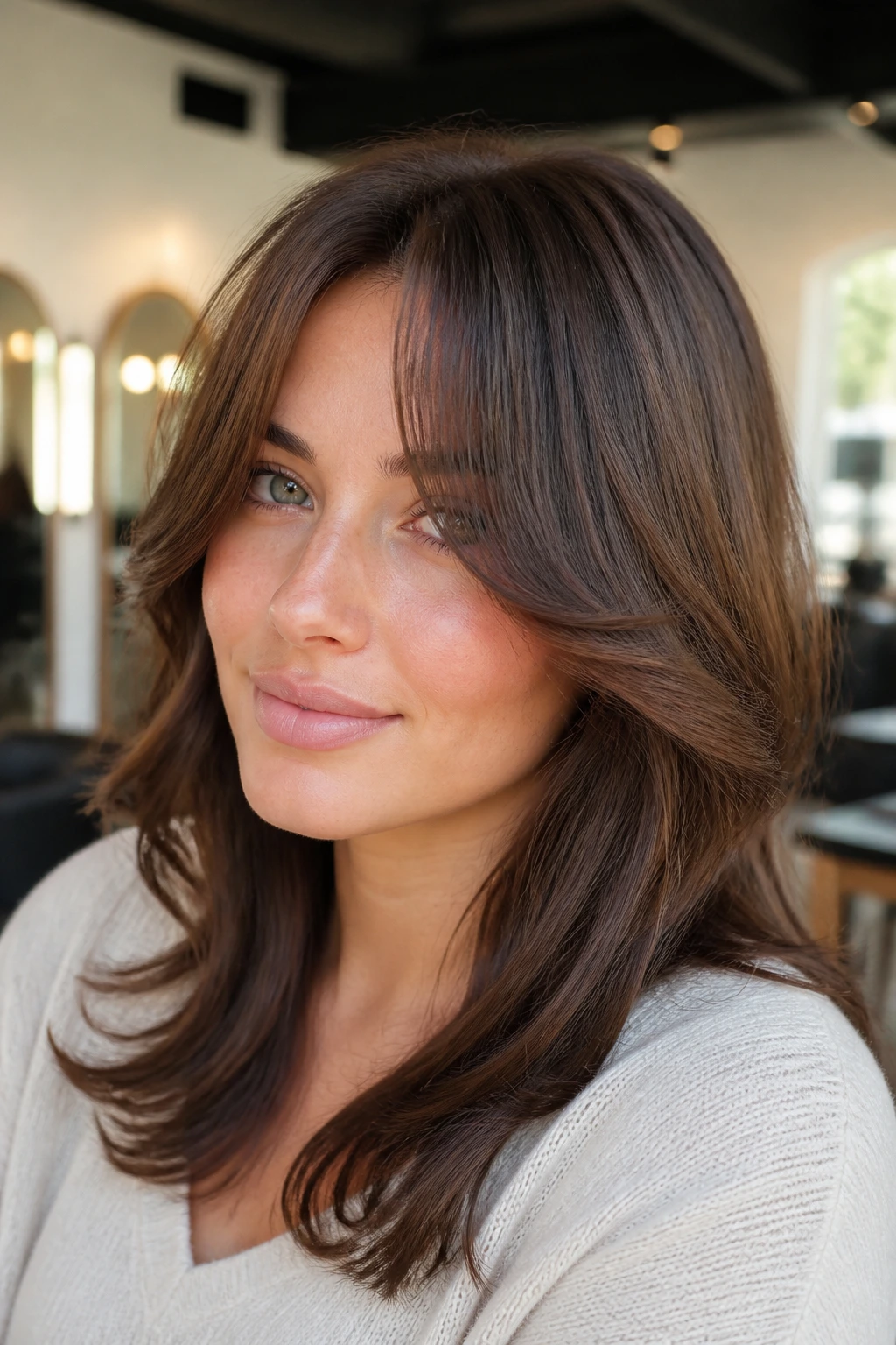Close-up of a real person with curtain bangs, showing shorter center and longer sides