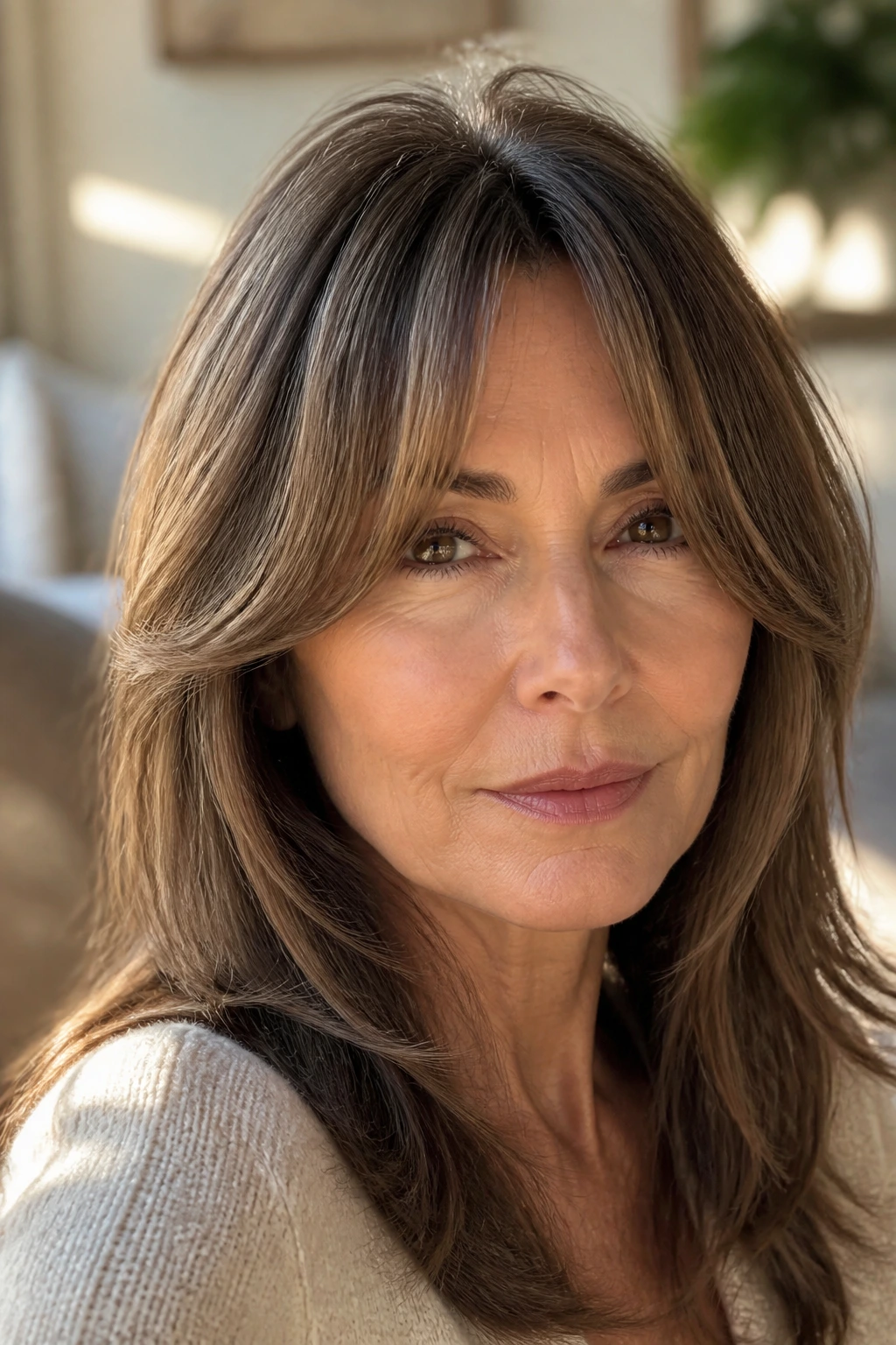 Close-up of a woman with soft curtain bangs splitting toward the cheekbones in warm home lighting