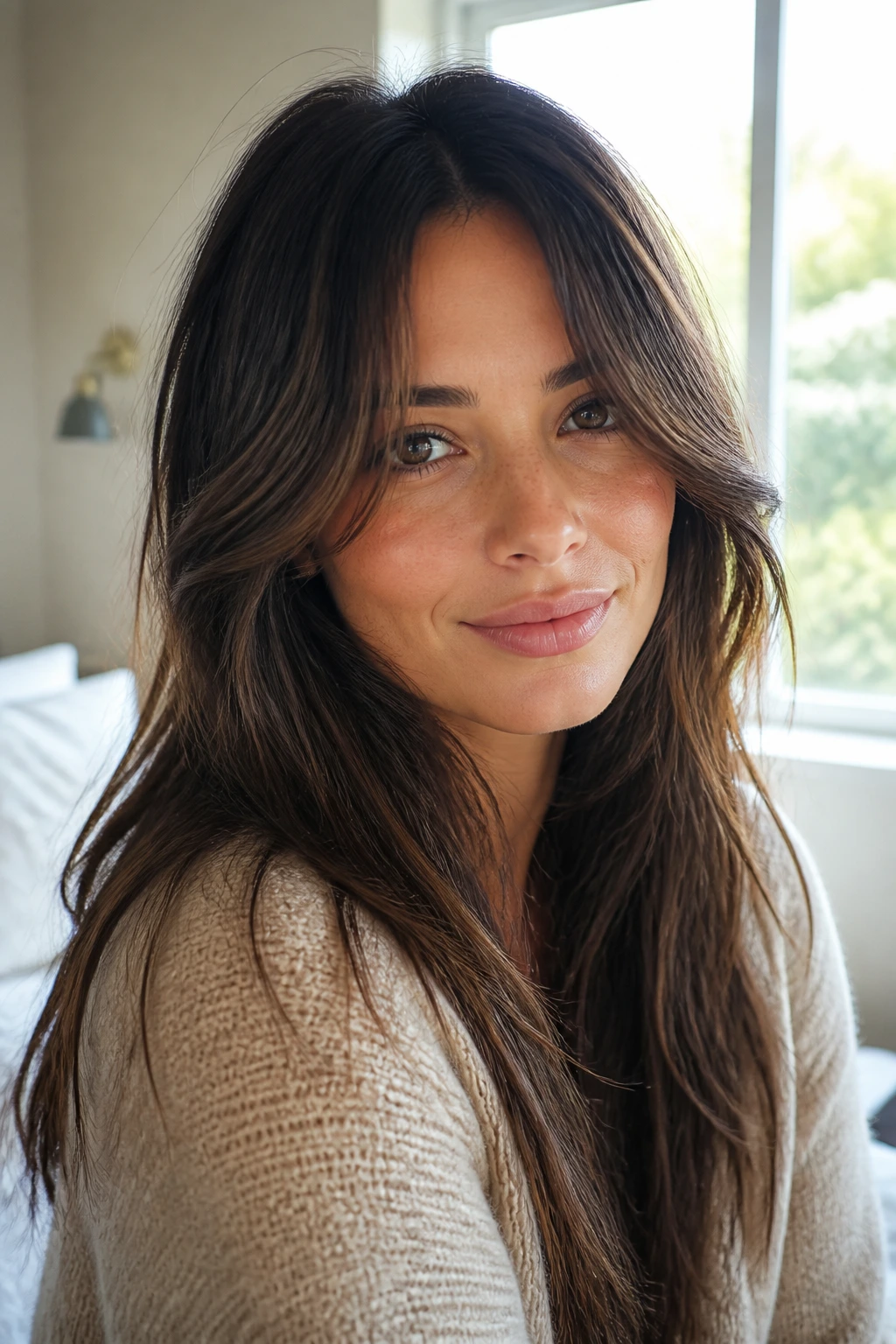 Close-up of a woman with curtain bangs framing her face in soft window light