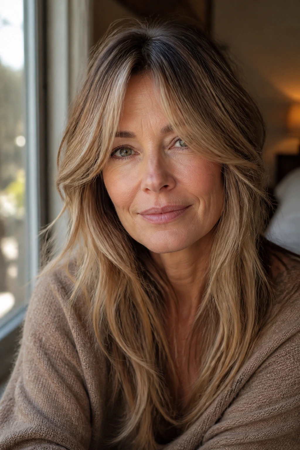 Close-up portrait of a real woman with curtain bangs under soft window light
