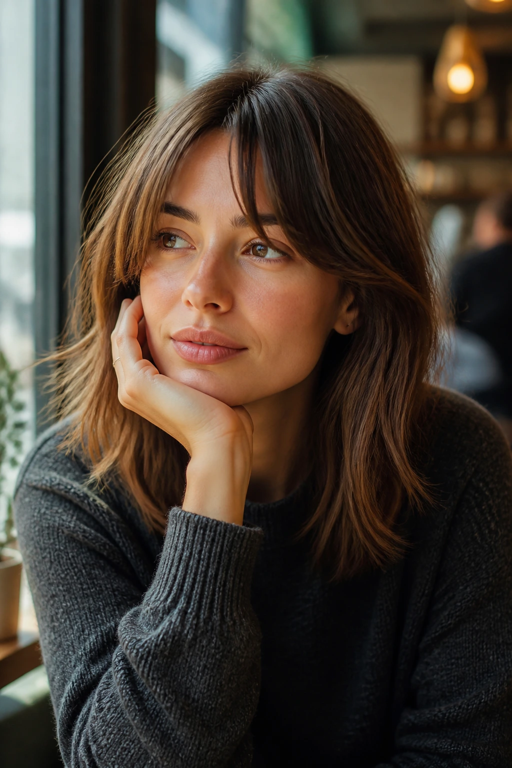Portrait of a person with curtain bangs in a cafe setting, thoughtful expression