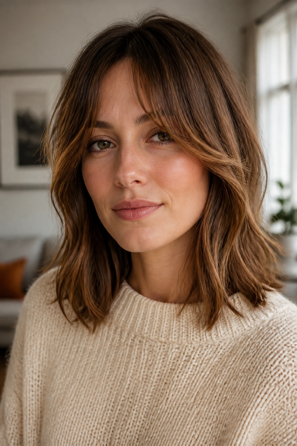 Close-up portrait of a real woman with curtain bangs lit by soft window light