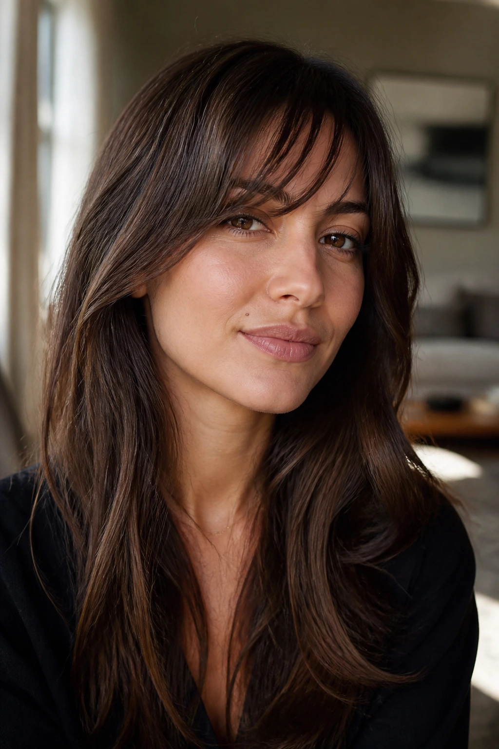 Close-up of a real woman with long curtain bangs in a cozy living room
