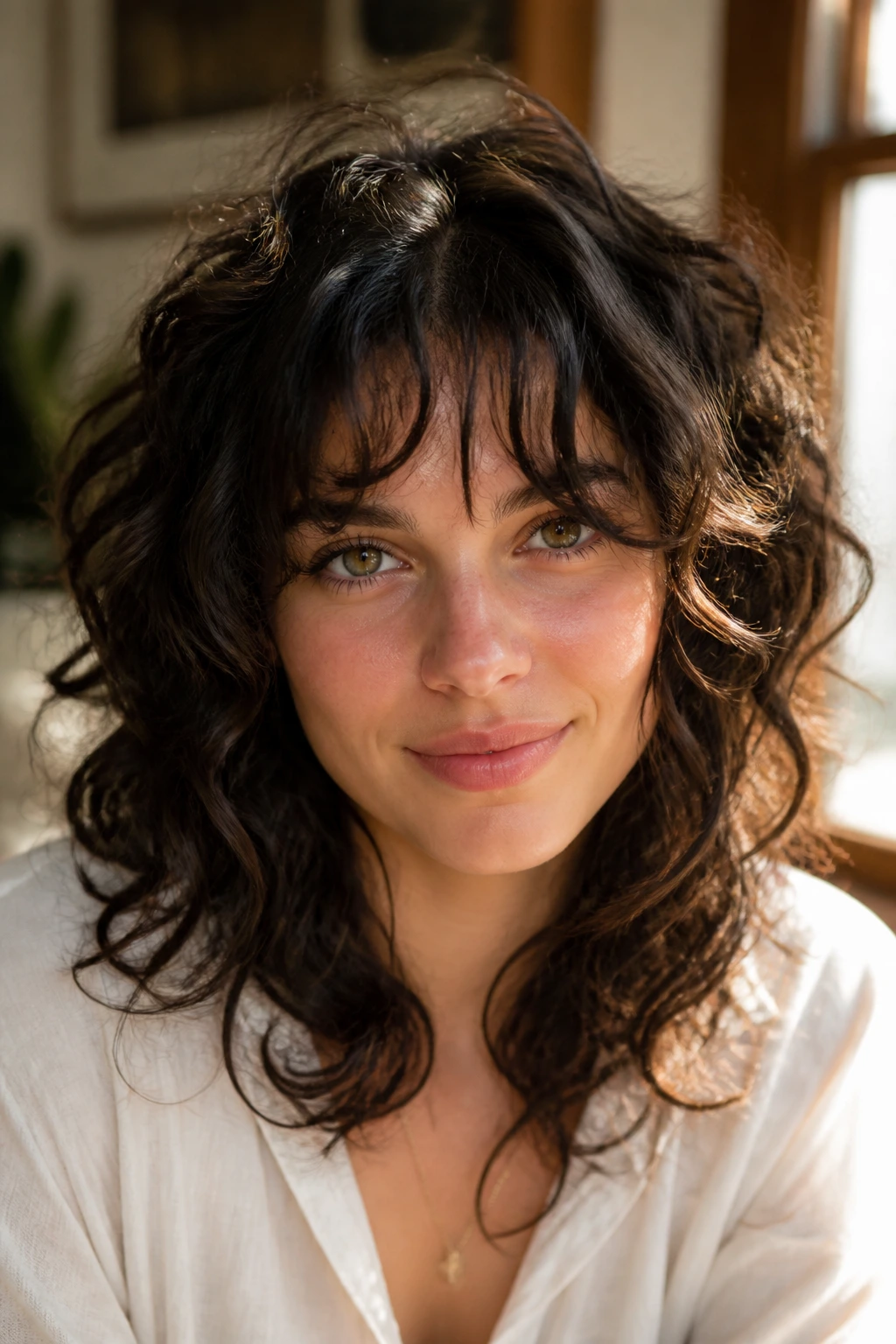 Real woman with curtain bangs in warm window light