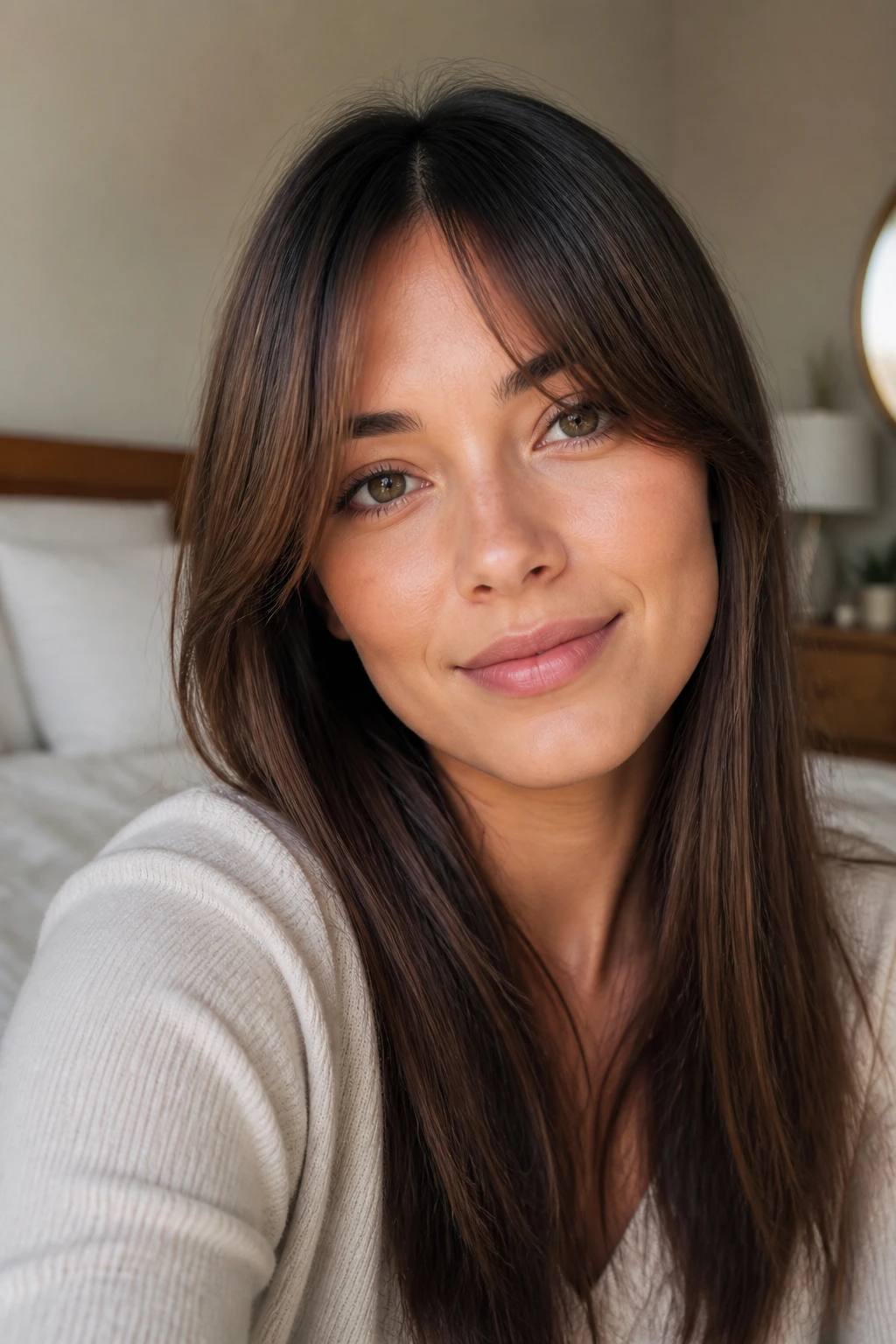 Real woman with curtain bangs looking fresh in natural light