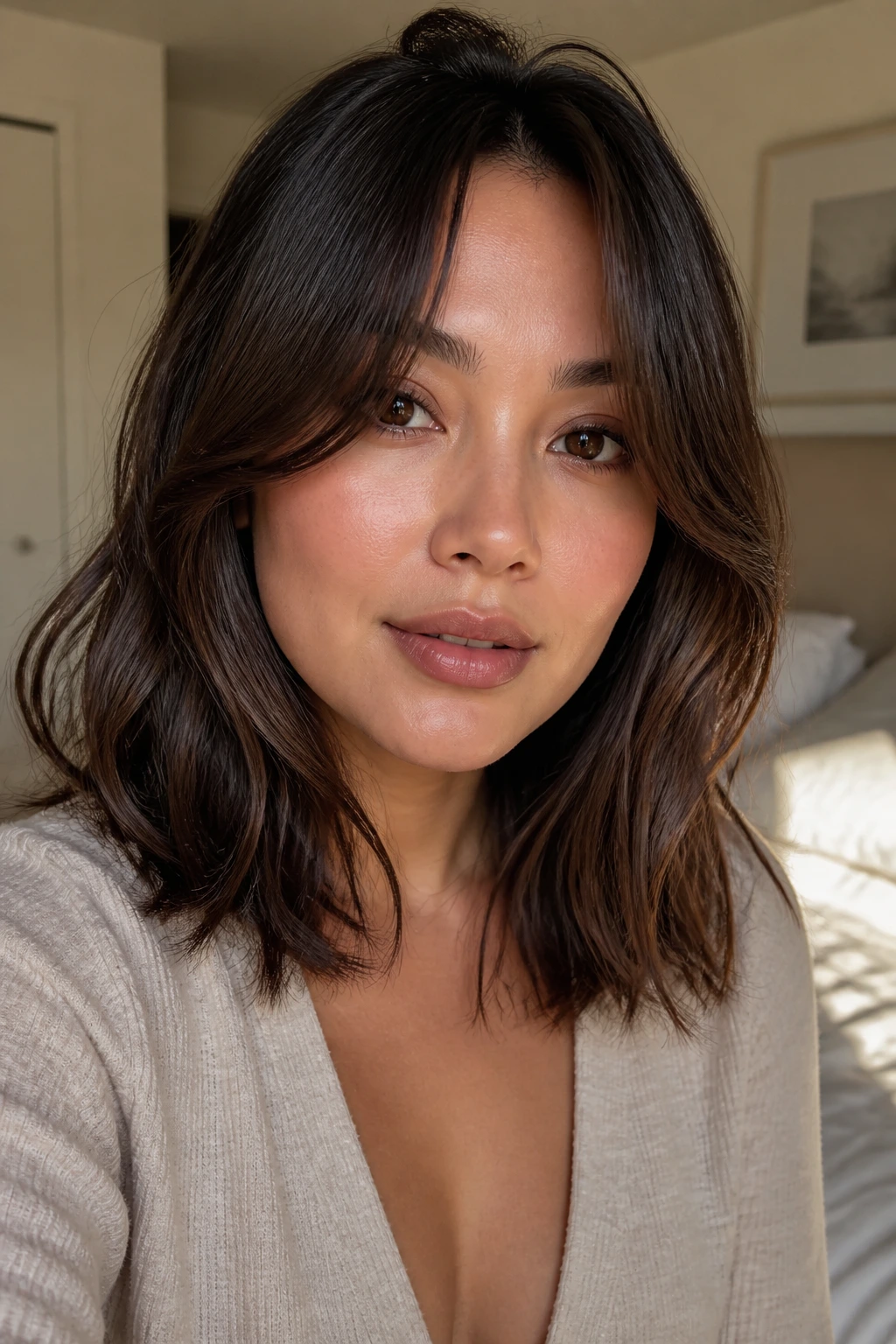 Close-up portrait of a real woman with curtain bangs framing a round face in warm window light