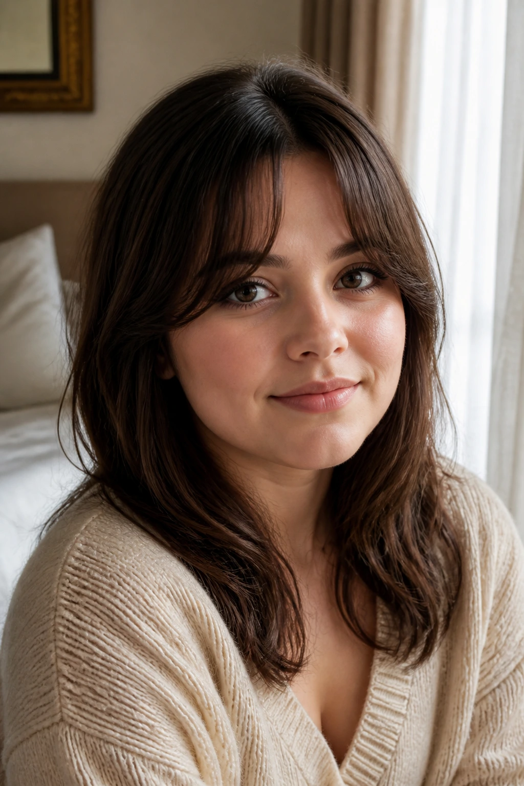 Close-up portrait of a real woman with curtain bangs on a round face, warm window light