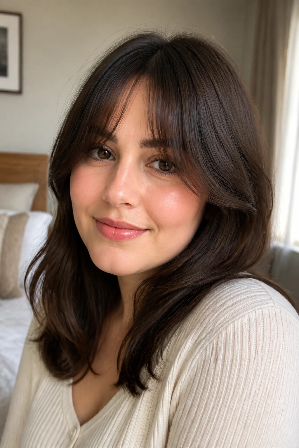 Close-up portrait of a real woman with curtain bangs for a round face under natural window light