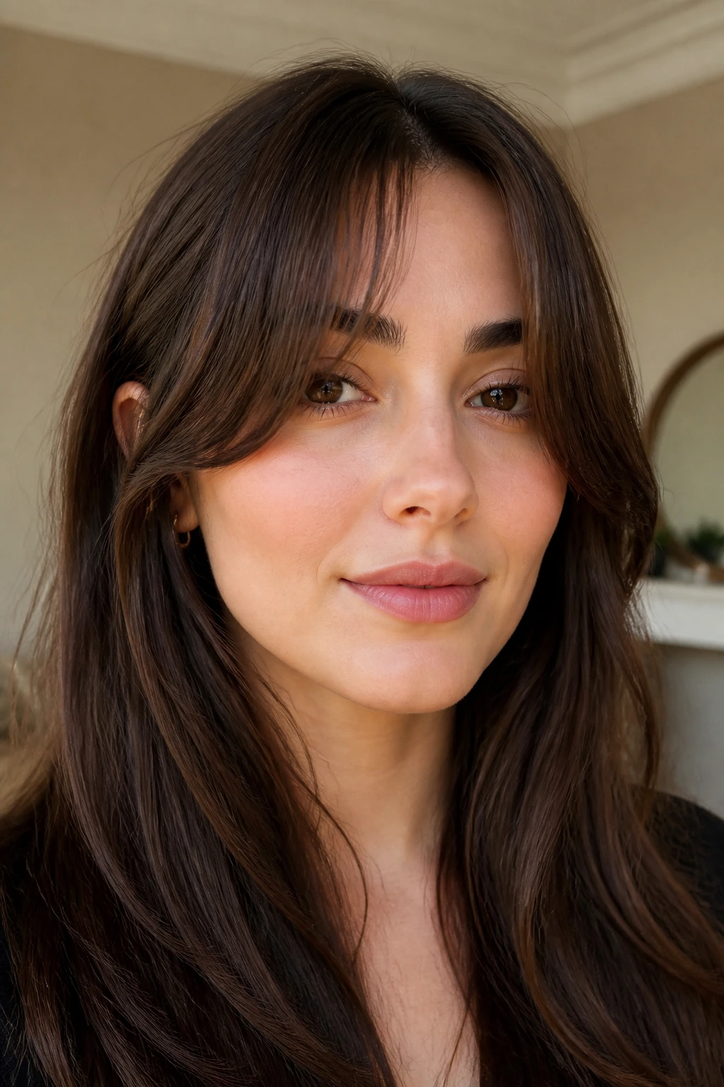 Close-up of a woman with curtain bangs split to the cheeks